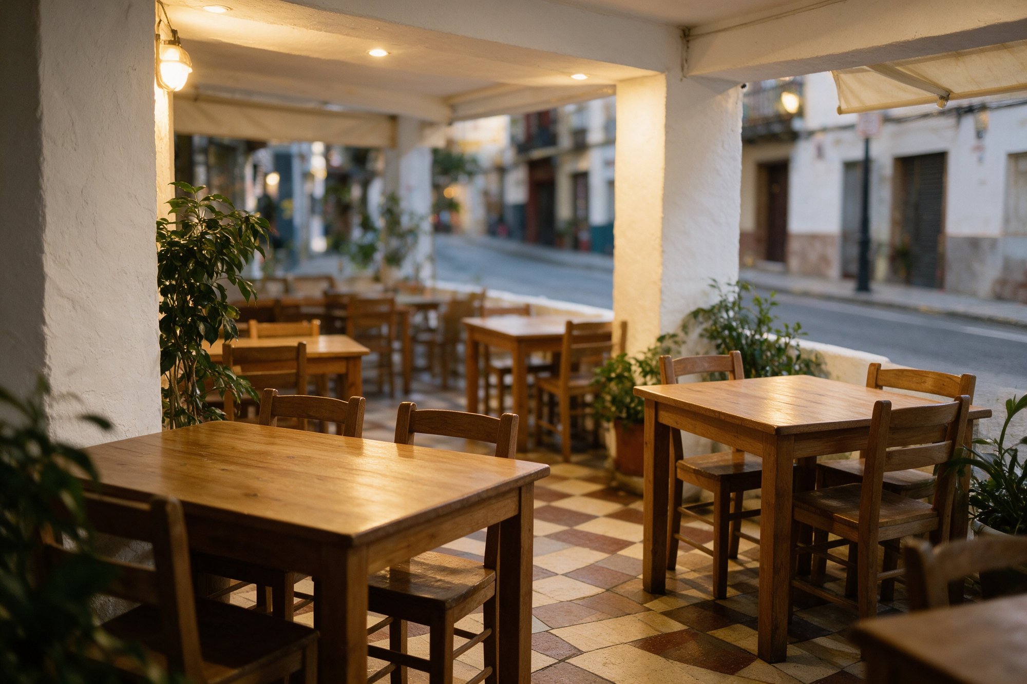 Terraza discreta y agradable del restaurante en una calle del centro de Marbella
