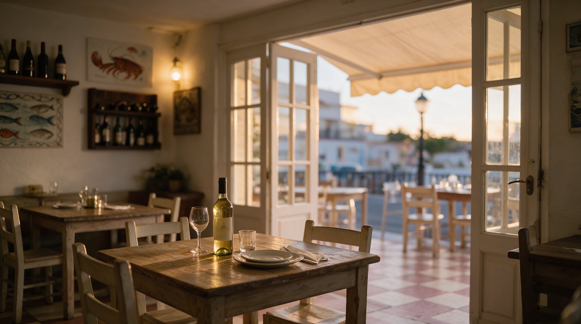 Comedor pequeño y acogedor del restaurante de pescado con paredes blancas y luz cálida