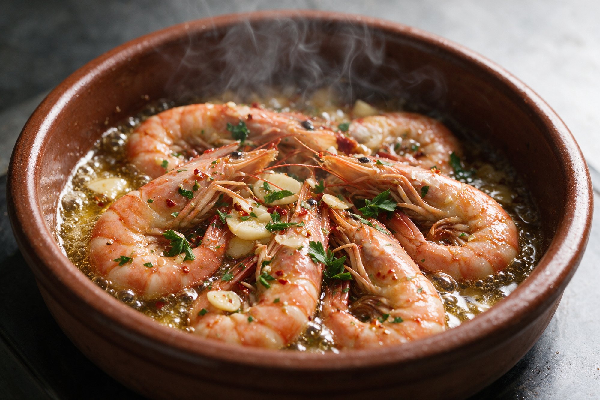 Gambas al pil-pil en cazuela de barro con aceite, ajo y perejil