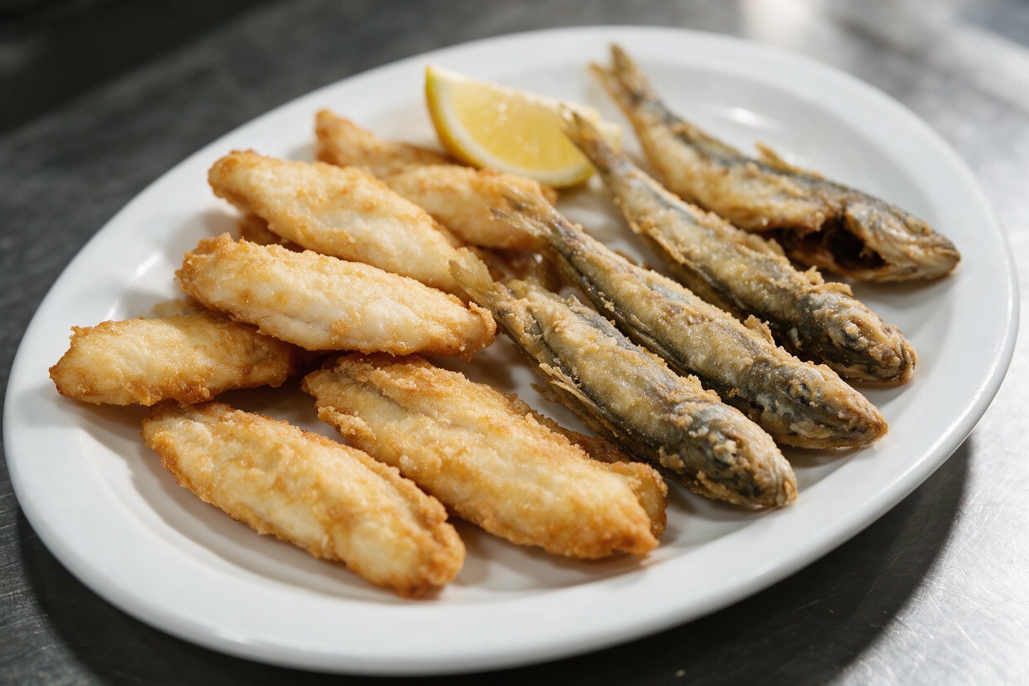 Pescaíto frito andaluz, pescado blanco crujiente y dorado con limón