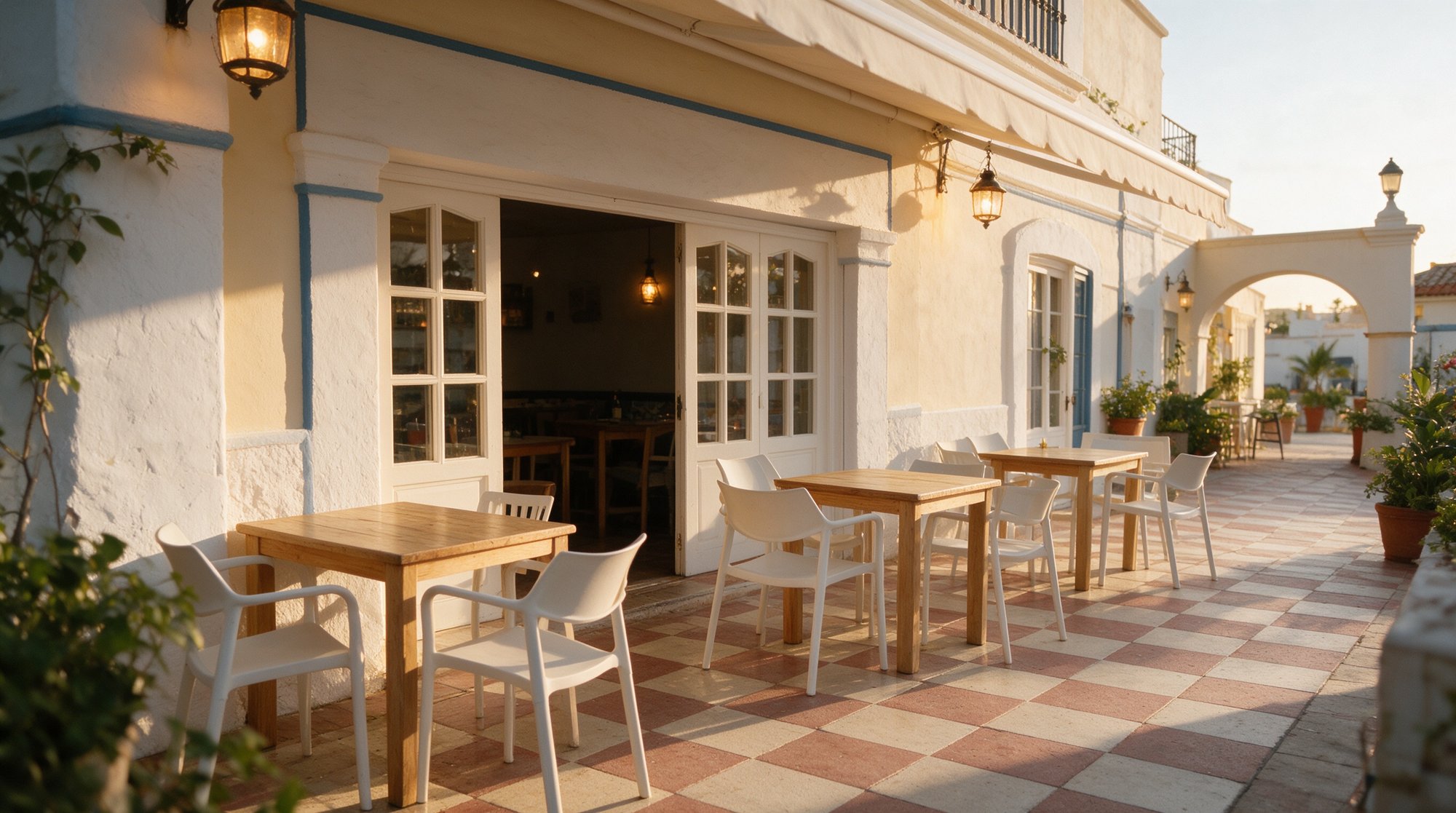 Fachada de un restaurante de pescado en una calle blanca del casco antiguo de Marbella al atardecer